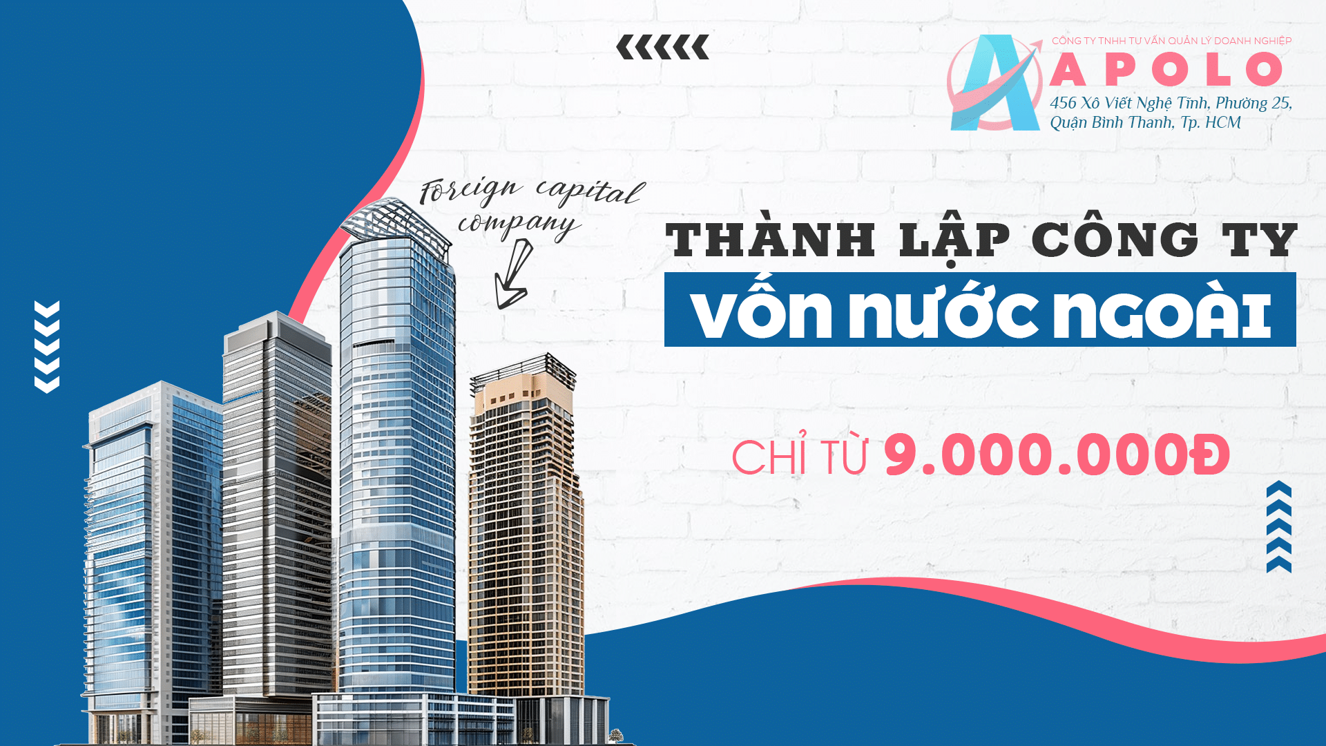 Sự phát triển của kinh tế đất nước tạo ra nguồn động lực lớn giúp cho nhiều nhà đầu tư từ nước ngoài muốn thành lập doanh nghiệp tại Việt Nam. Với kinh nghiệm nhiều năm thành lập công ty có vốn đầu tư nước ngoài, APOLO hiểu được sự khó khăn của khách hàng khi tự làm hồ sơ thành lập công ty vốn đầu tư nước ngoài. Trong bài viết này, APOLO sẽ cung cấp cho Quý khách hàng dịch vụ thành lập công ty có vốn đầu tư nước ngoài trong thời gian ngắn và chi phí hợp lý. Quý khách hàng cũng có thể tham khảo chi tiết hồ sơ, thủ tục thành lập công ty có vốn đầu tư nước ngoài tại bài viết này.