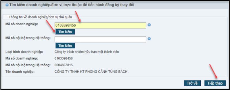 Bước 3: Tìm kiếm doanh nghiệp đăng ký thay đổi